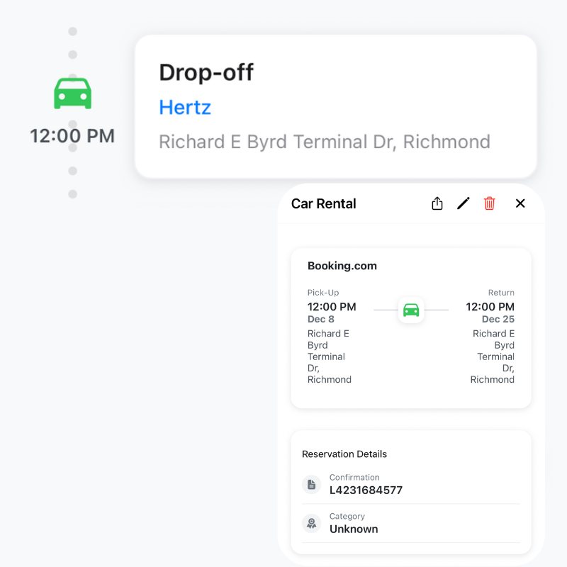 car rental itinerary card website home page 1