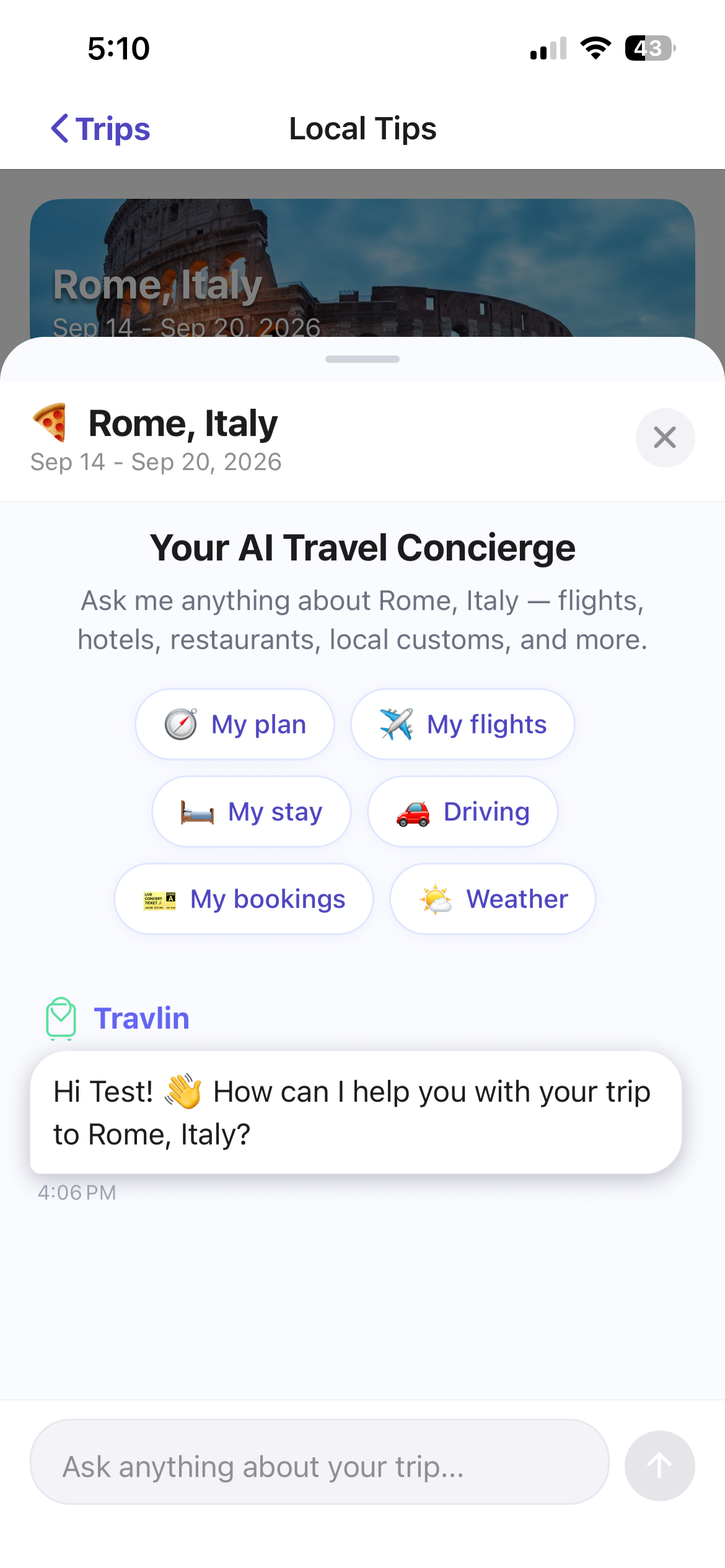 The Travlin iPhone app showing a trip itinerary and the AI concierge