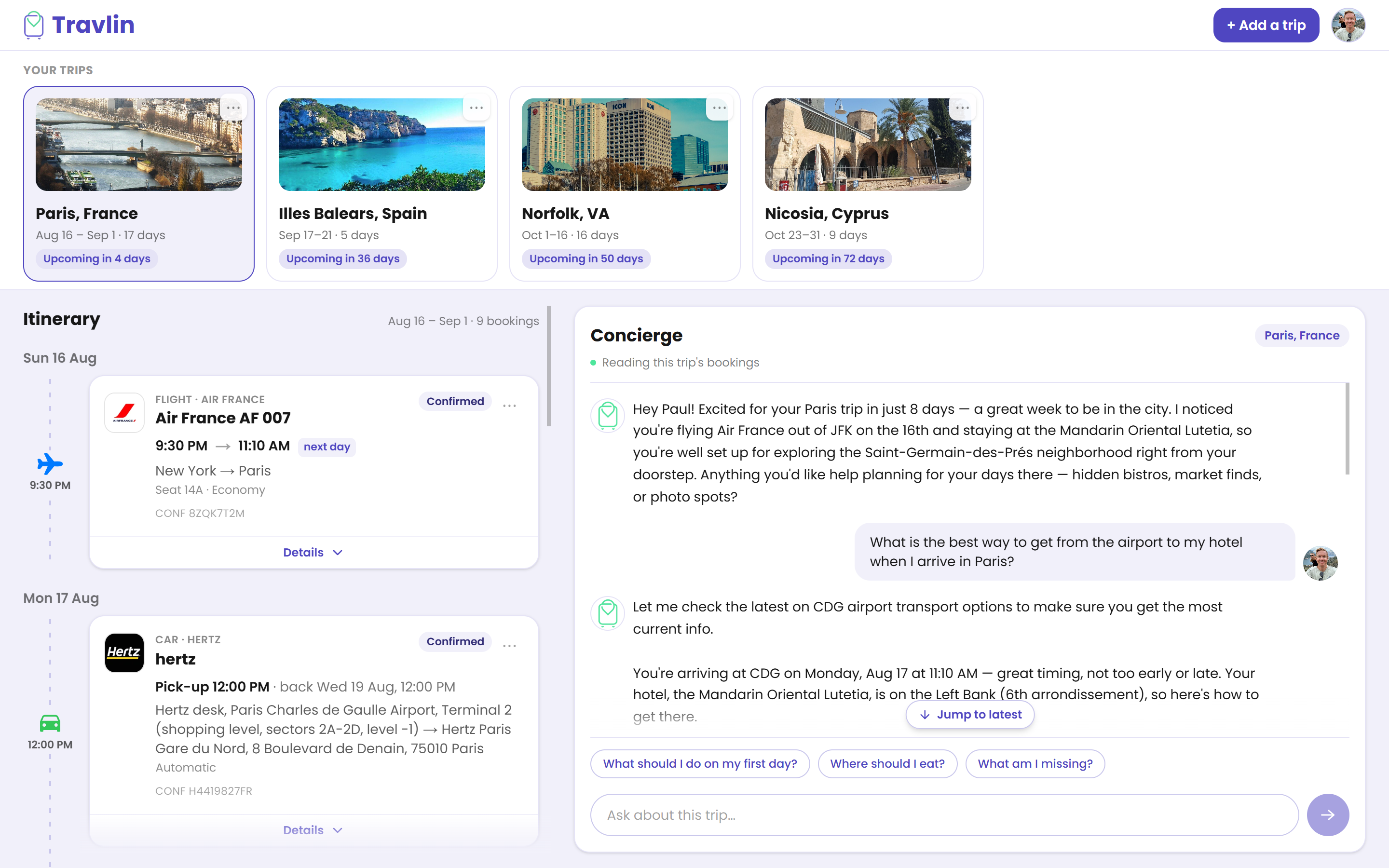 The Travlin dashboard: four upcoming trips, a Paris itinerary showing an Air France flight and Hertz car hire, and the AI concierge answering a question about airport transport