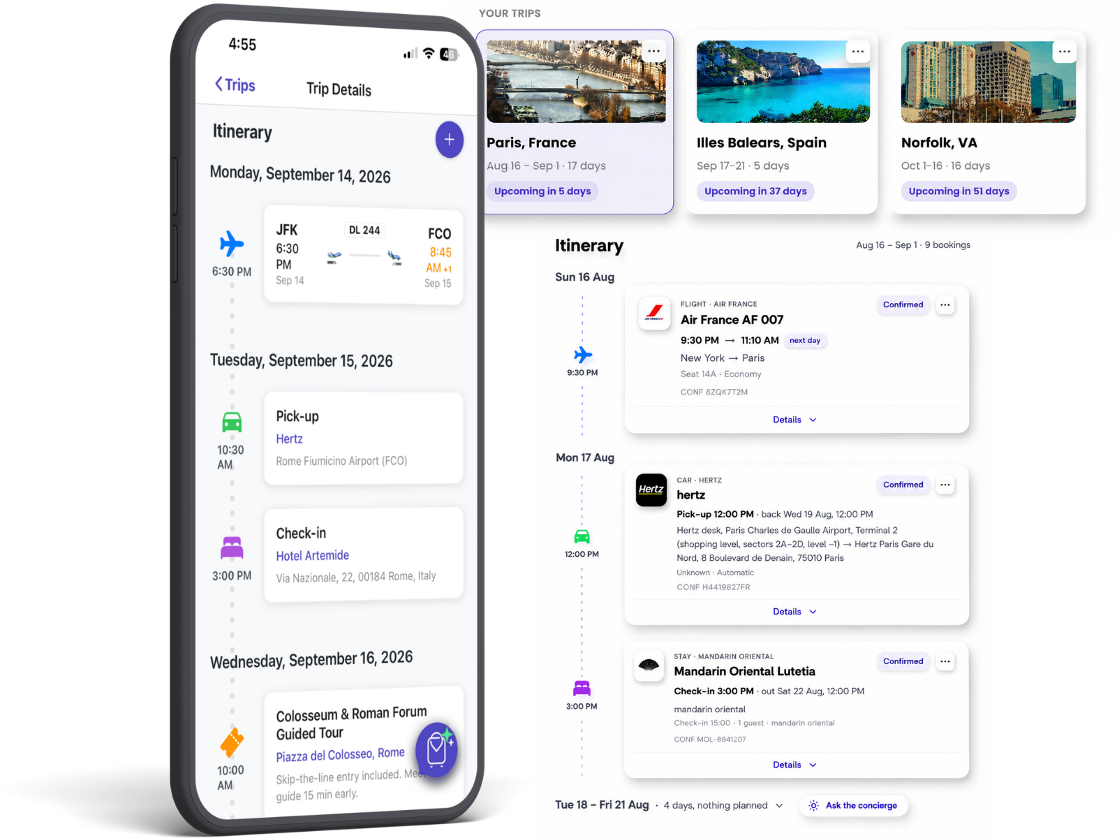 A Travlin itinerary showing flights, hotel and dinner in order