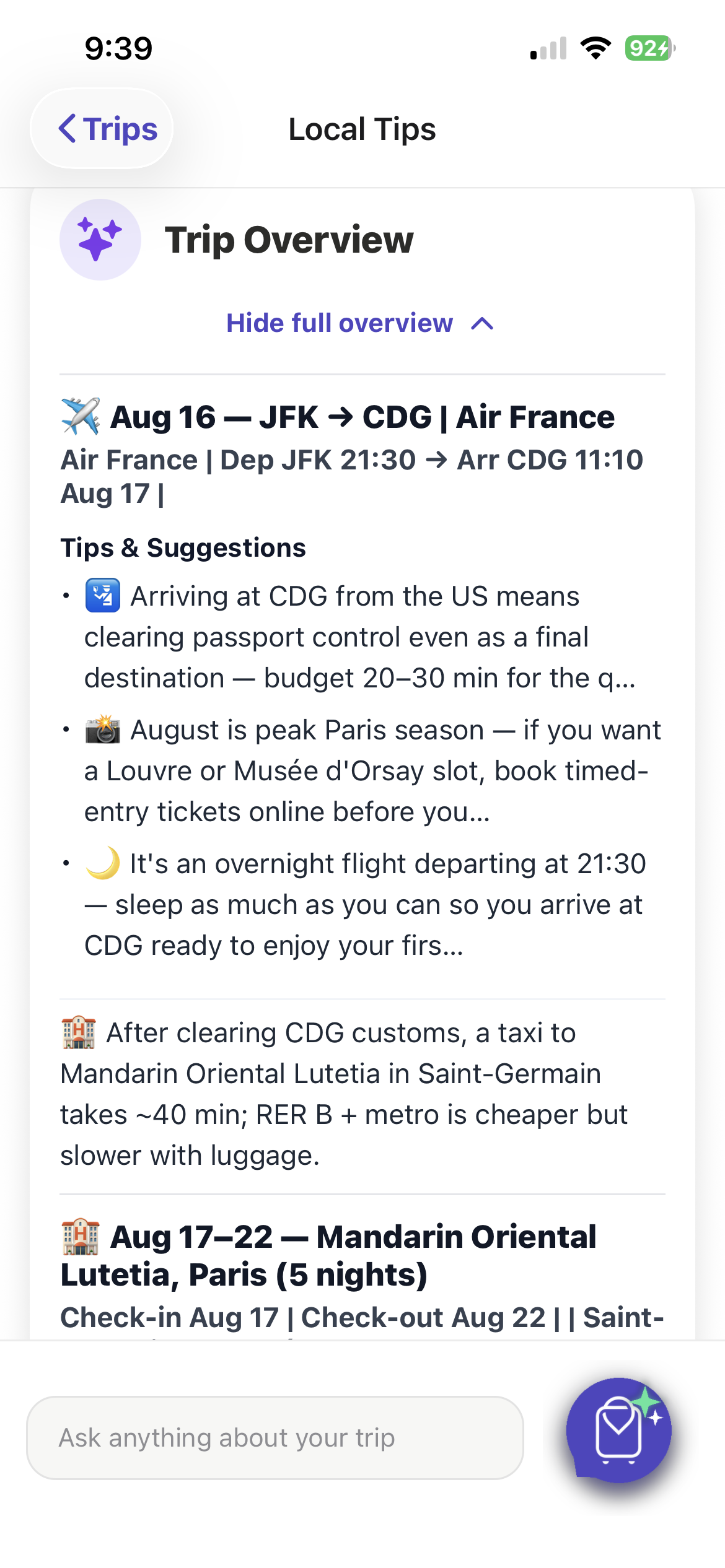 The Travlin trip overview screen showing an upcoming trip
