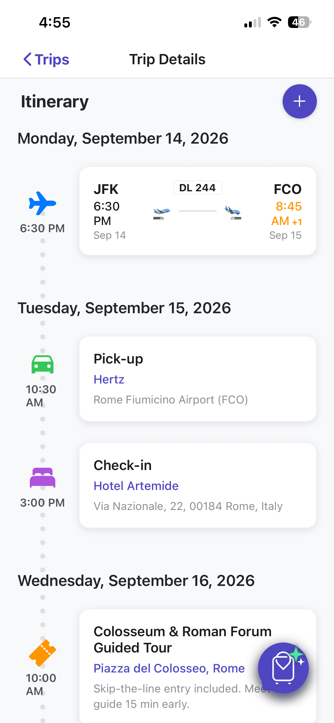 A Travlin itinerary showing flights, hotel and dinner in order